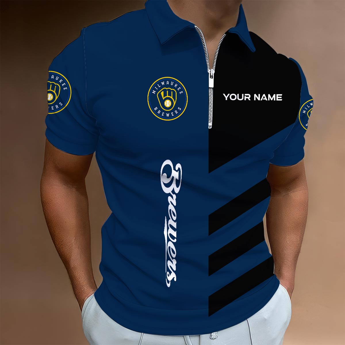 LIMITED EDITION - NEW CUSTOMIZED MLB15 MBS MILWAUKEE BREWERS ZIP POLO SHIRT