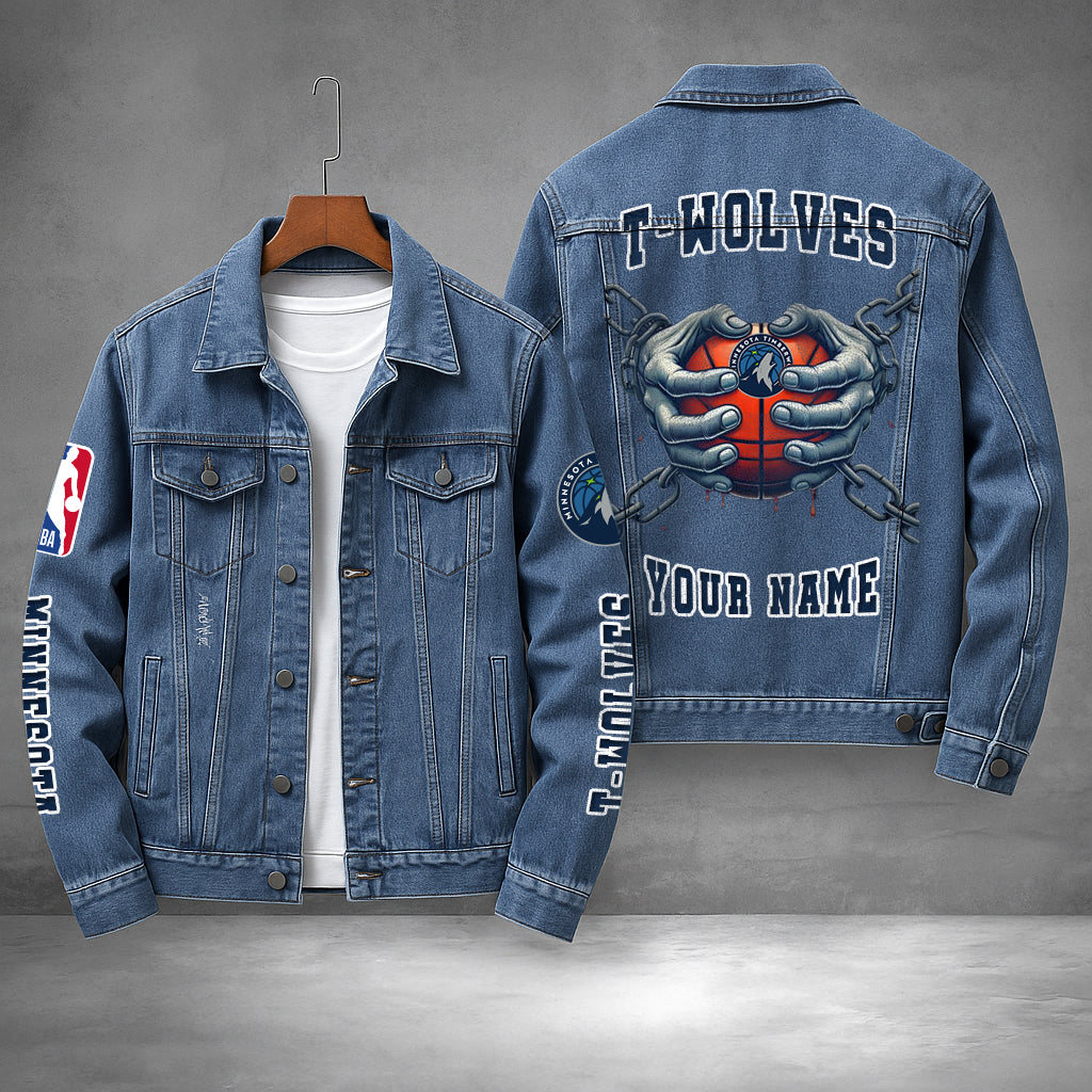LIMITED EDITION - NEW CUSTOMIZED NBA05 MT MINNESOTA TIMBERWOLVES DENIM JACKET