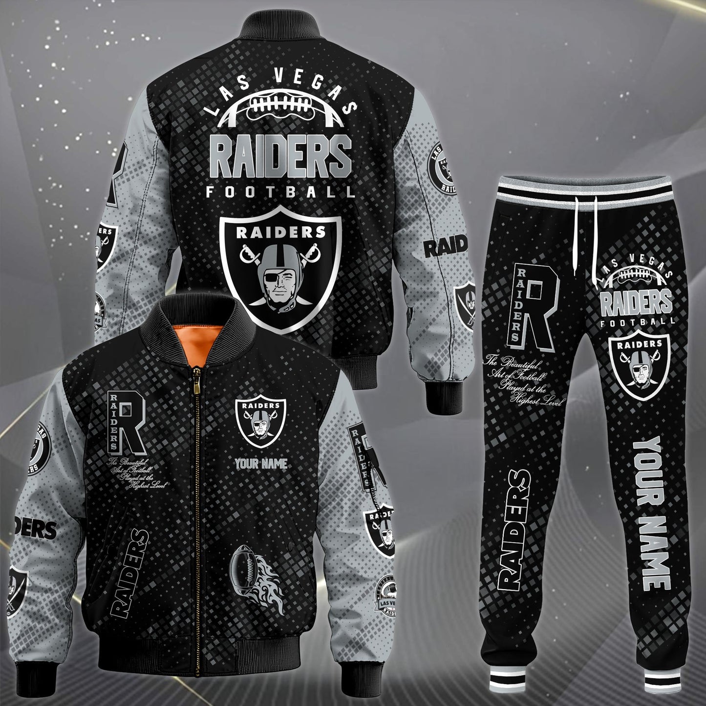 LIMITED EDITION - NEW CUSTOMIZED NFL07 LVR LAS VEGAS RAIDERS SATIN VARSITY JACKET & LONG PANTS