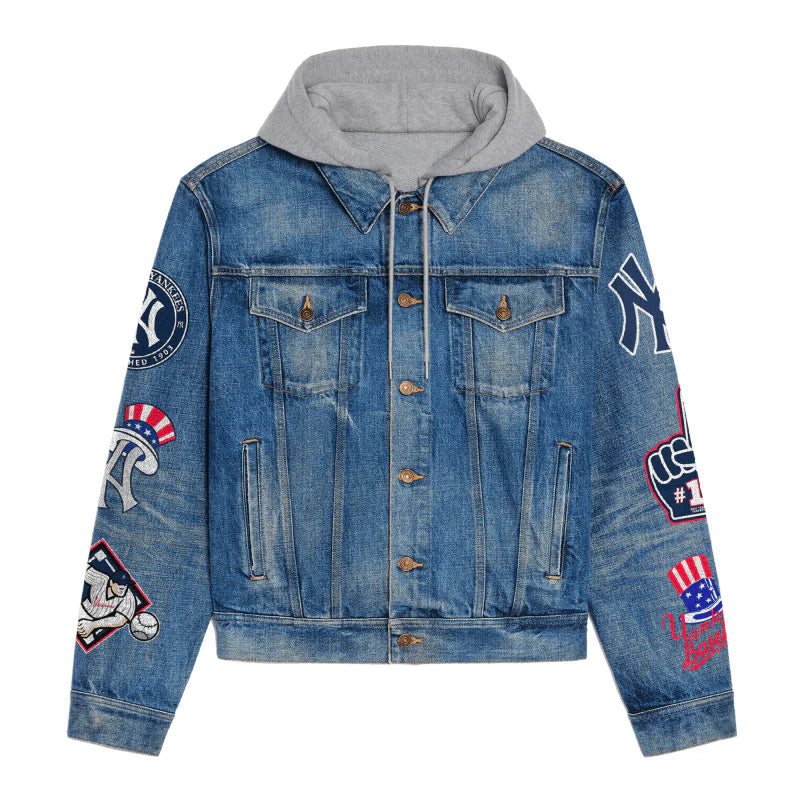 LIMITED EDITION - NEW CUSTOMIZED MLB01 NYY NEW YORK YANKEES HOODED DENIM JACKET
