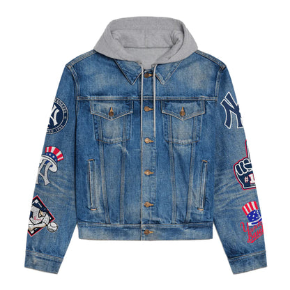 LIMITED EDITION - NEW CUSTOMIZED MLB01 NYY NEW YORK YANKEES HOODED DENIM JACKET