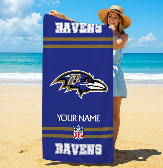 LIMITED EDITION - NEW CUSTOMIZED NFL28 BTR BALTIMORE RAVENS BEACH & BATH TOWEL (KIDS & ADULTS)