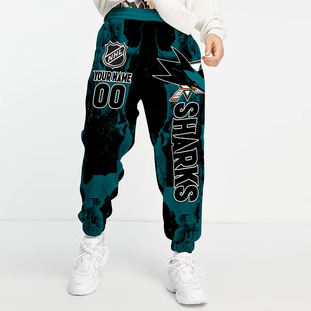 LIMITED EDITION - NEW CUSTOMIZED NHL32 SJS SAN JOSE SHARKS LONG PANTS