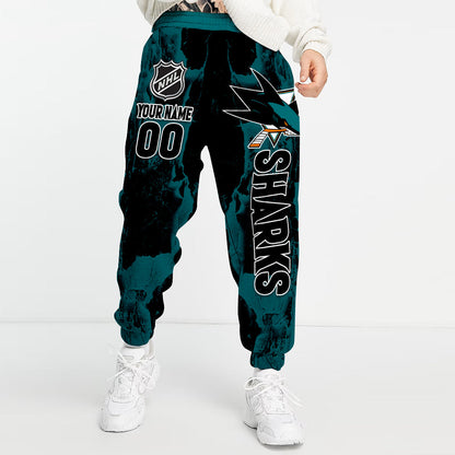 LIMITED EDITION - NEW CUSTOMIZED NHL32 SJS SAN JOSE SHARKS LONG PANTS