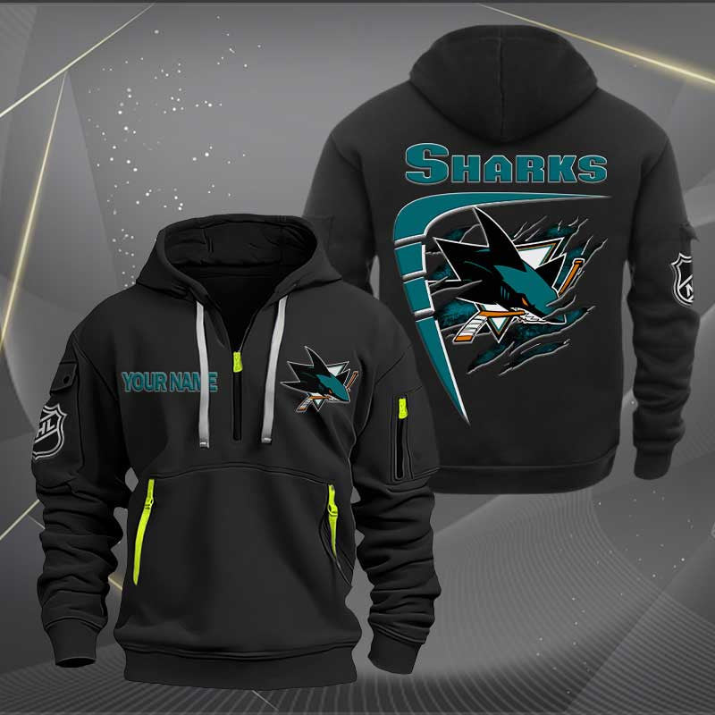 LIMITED EDITION - NEW CUSTOMIZED NHL32 SJS SAN JOSE SHARKS QUARTER ZIP HOODIE