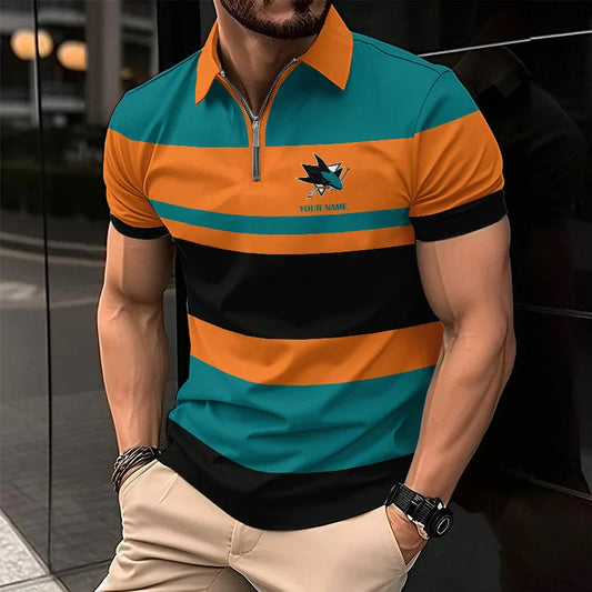 LIMITED EDITION - NEW CUSTOMIZED NHL32 SJ SHARKS ZIP POLO SHIRT
