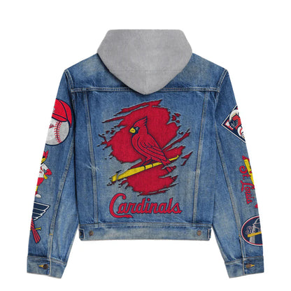 LIMITED EDITION - NEW CUSTOMIZED MLB24 SLC ST. LOUIS CARDINALS HOODED DENIM JACKET
