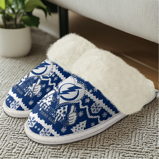 LIMITED EDITION - NEW CUSTOMIZED NHL12 TPL TAMPA BAY LIGHTNING FUR-LINED SLIPPERS