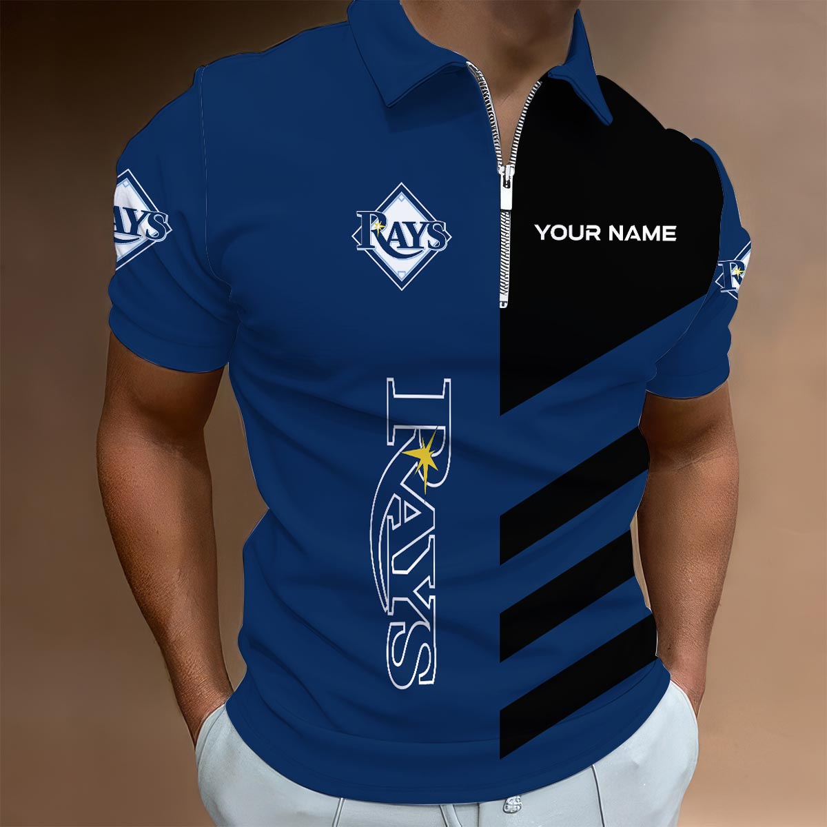 LIMITED EDITION - NEW CUSTOMIZED MLB21 TBR TAMPA BAY RAYS ZIP POLO SHIRT