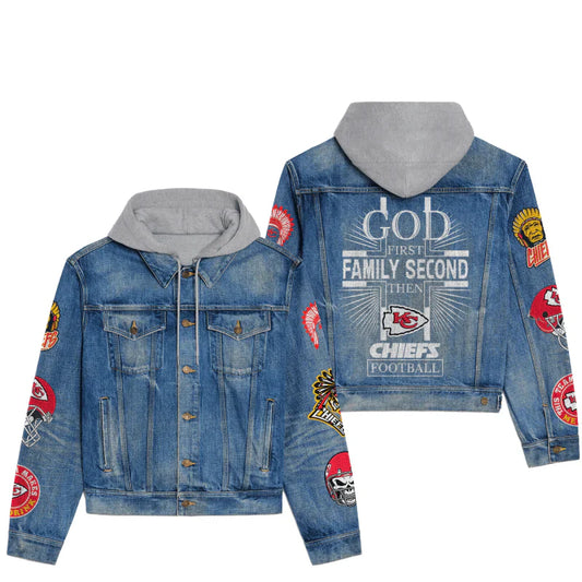 LIMITED EDITION - NEW PREMIUM NFL01 KCC KANSAS CITY CHIEFS HOODED DENIM JACKET