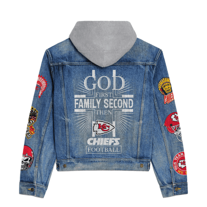 LIMITED EDITION - NEW PREMIUM NFL01 KCC KANSAS CITY CHIEFS HOODED DENIM JACKET