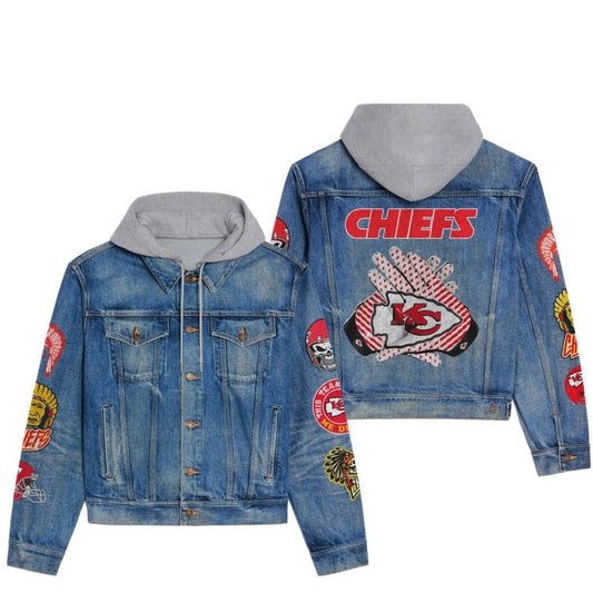 LIMITED EDITION - NEW PREMIUM NFL01 KCC KANSAS CITY CHIEFS HOODED DENIM JACKET