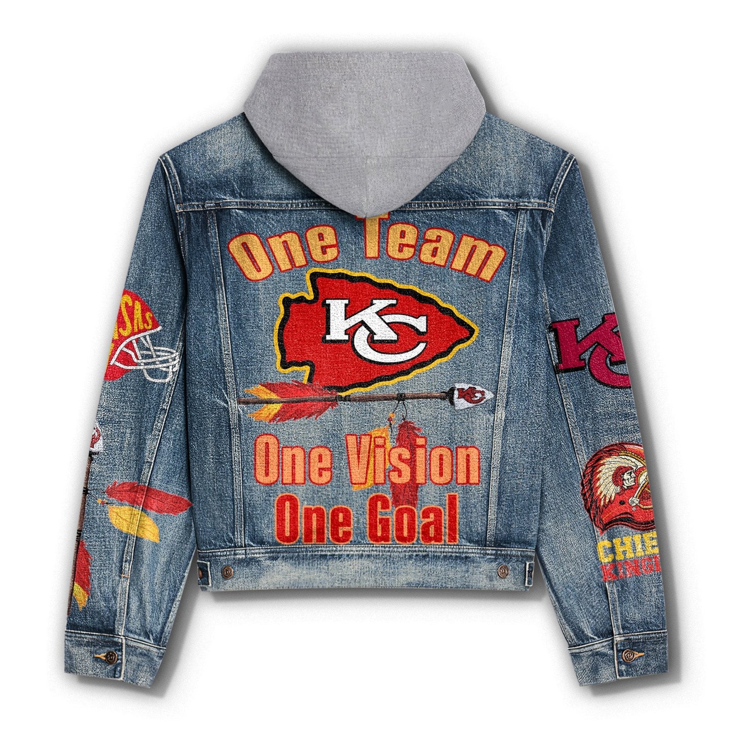 LIMITED EDITION - NEW PREMIUM NFL01 KCC KANSAS CITY CHIEFS HOODED DENIM JACKET