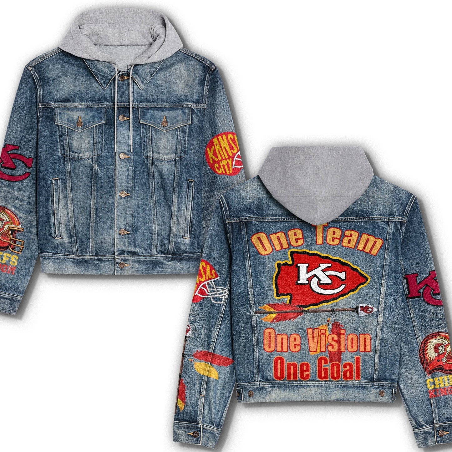 LIMITED EDITION - NEW PREMIUM NFL01 KCC KANSAS CITY CHIEFS HOODED DENIM JACKET