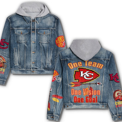 LIMITED EDITION - NEW PREMIUM NFL01 KCC KANSAS CITY CHIEFS HOODED DENIM JACKET
