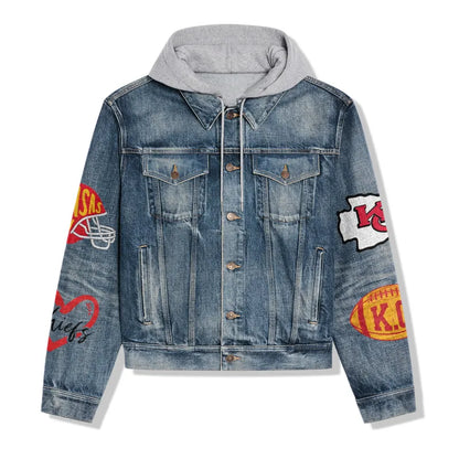 LIMITED EDITION - NEW PREMIUM NFL01 KCC KANSAS CITY CHIEFS HOODED DENIM JACKET