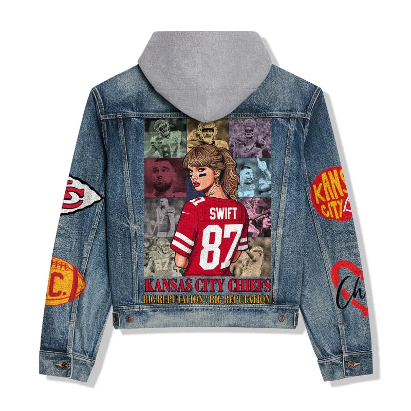 LIMITED EDITION - NEW PREMIUM NFL01 KCC KANSAS CITY CHIEFS HOODED DENIM JACKET
