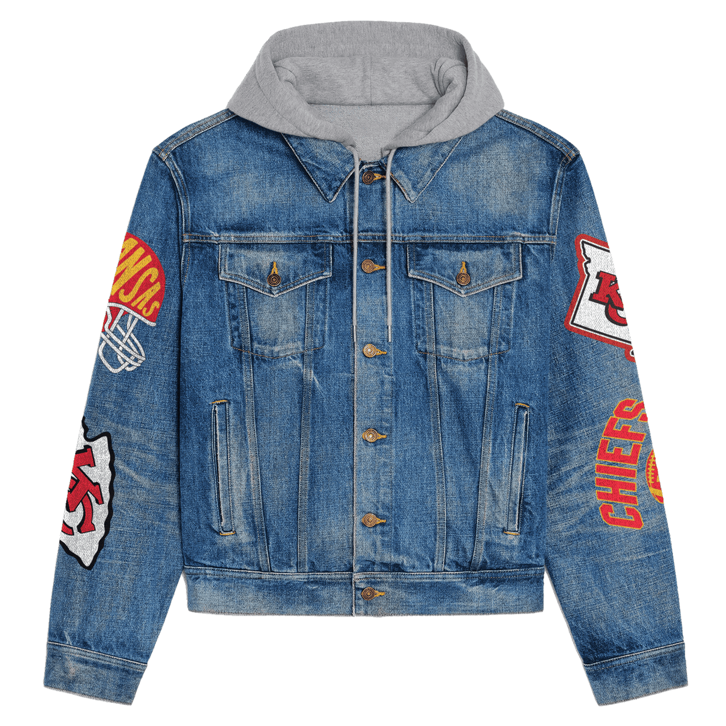 LIMITED EDITION - NEW PREMIUM NFL01 KCC KANSAS CITY CHIEFS HOODED DENIM JACKET