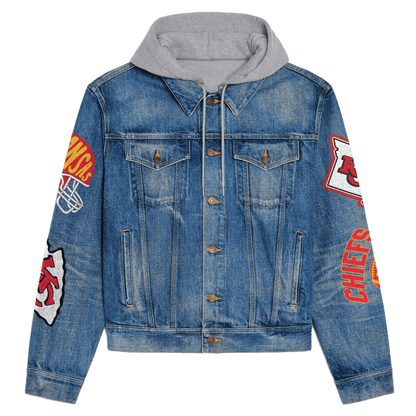 LIMITED EDITION - NEW PREMIUM NFL01 KCC KANSAS CITY CHIEFS HOODED DENIM JACKET