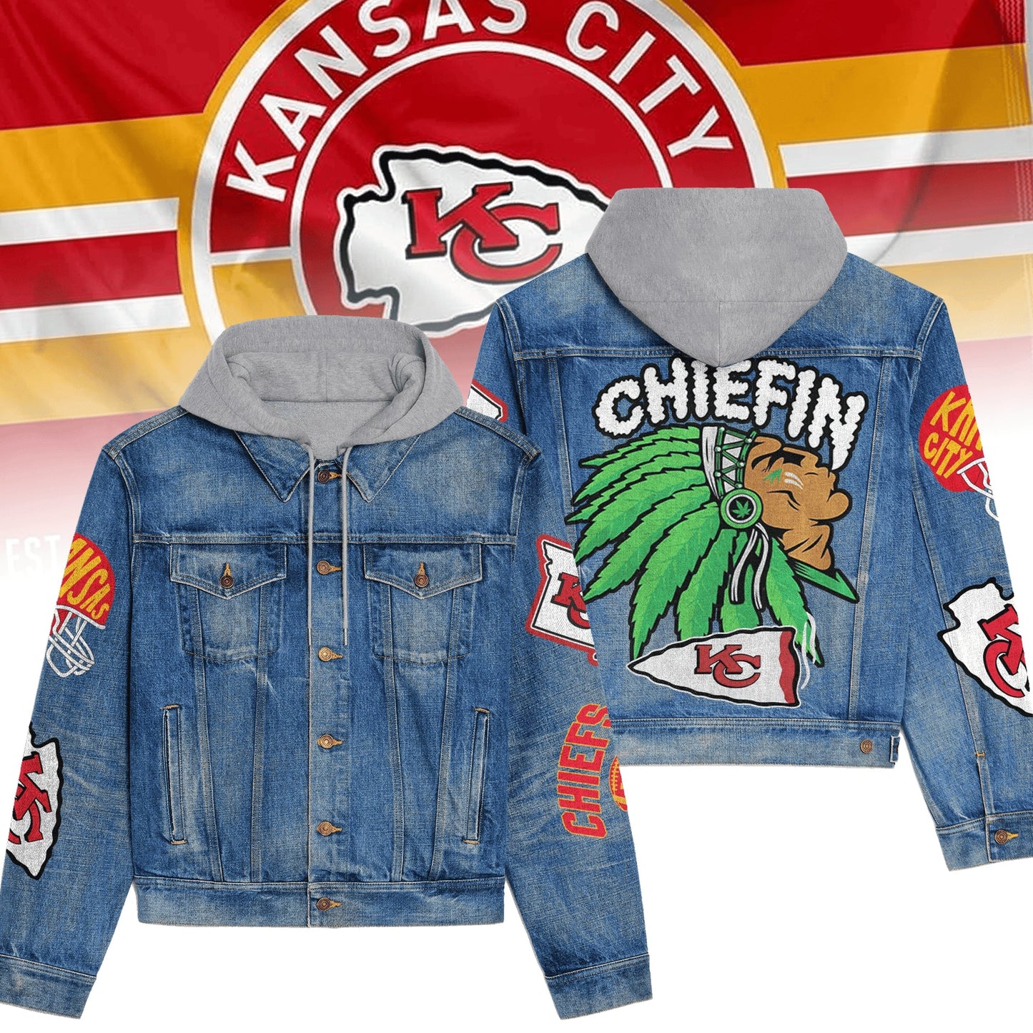 LIMITED EDITION - NEW PREMIUM NFL01 KCC KANSAS CITY CHIEFS HOODED DENIM JACKET