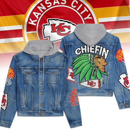 LIMITED EDITION - NEW PREMIUM NFL01 KCC KANSAS CITY CHIEFS HOODED DENIM JACKET