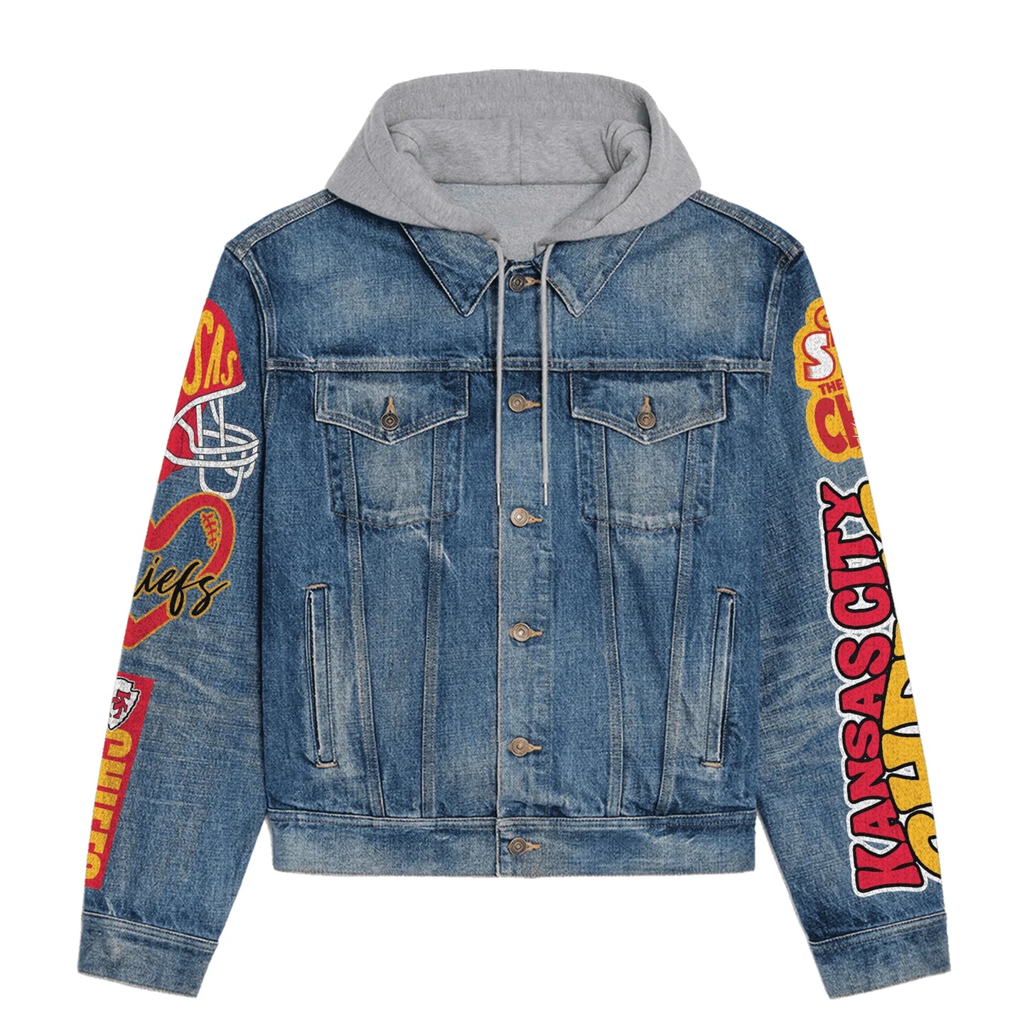 LIMITED EDITION - NEW PREMIUM NFL01 KCC KANSAS CITY CHIEFS HOODED DENIM JACKET