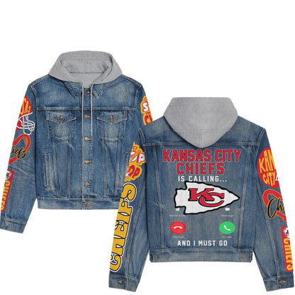 LIMITED EDITION - NEW PREMIUM NFL01 KCC KANSAS CITY CHIEFS HOODED DENIM JACKET