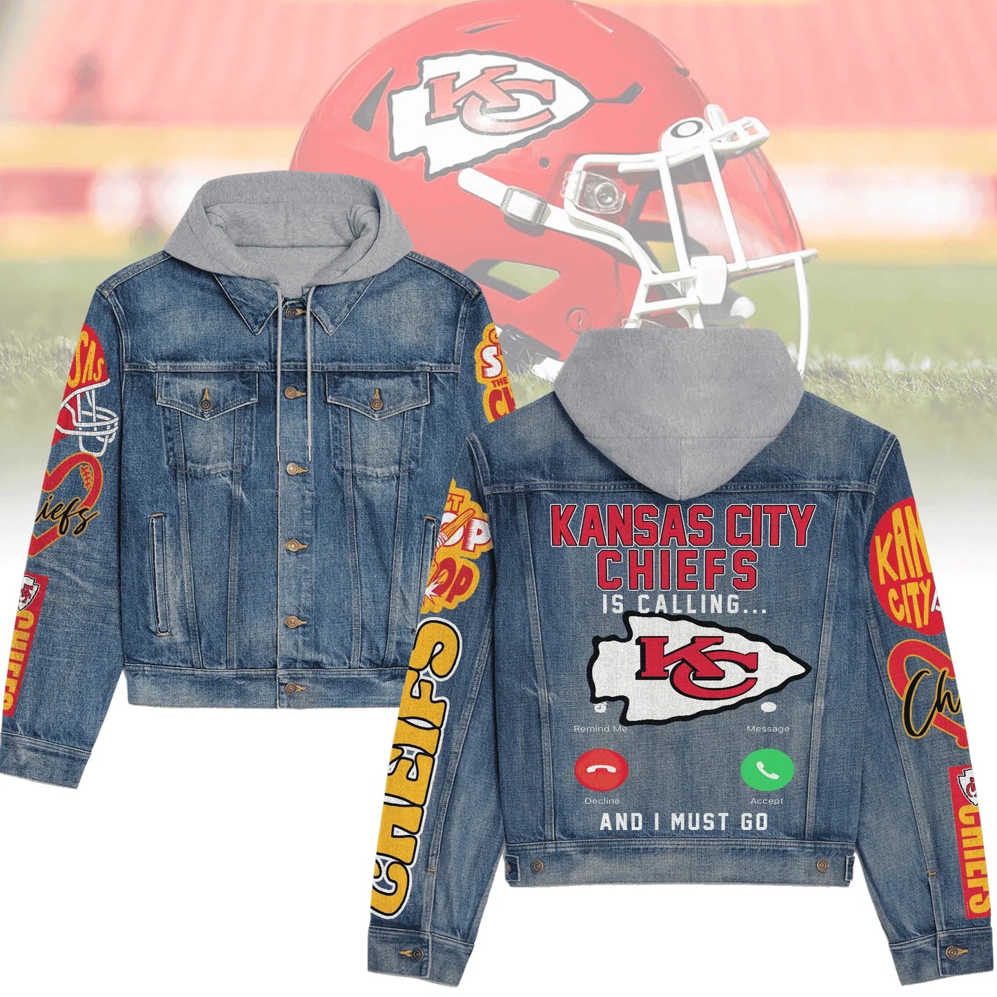 LIMITED EDITION - NEW PREMIUM NFL01 KCC KANSAS CITY CHIEFS HOODED DENIM JACKET