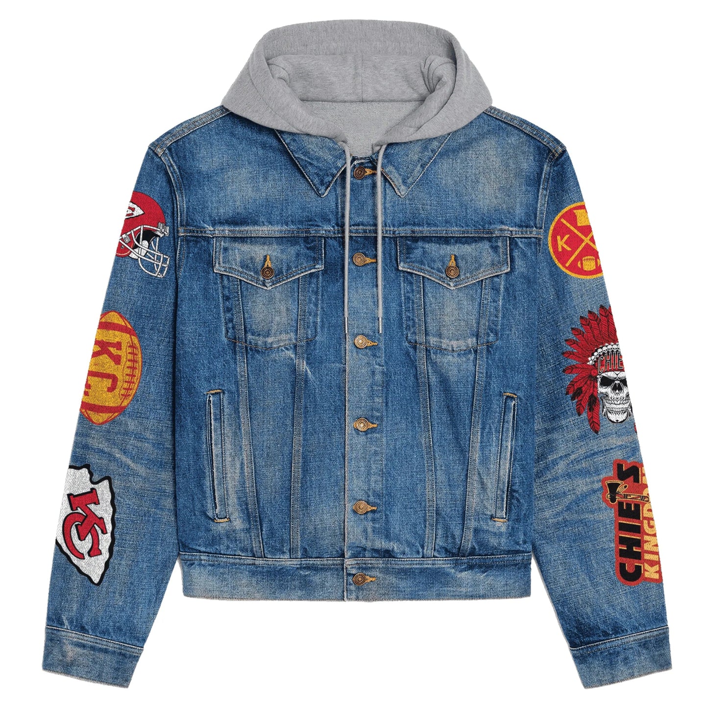 LIMITED EDITION - NEW PREMIUM NFL01 KCC KANSAS CITY CHIEFS HOODED DENIM JACKET