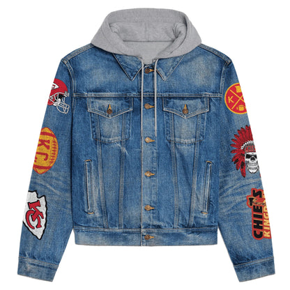 LIMITED EDITION - NEW PREMIUM NFL01 KCC KANSAS CITY CHIEFS HOODED DENIM JACKET