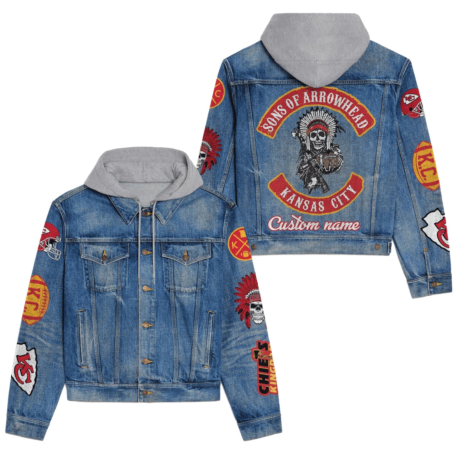 LIMITED EDITION - NEW PREMIUM NFL01 KCC KANSAS CITY CHIEFS HOODED DENIM JACKET