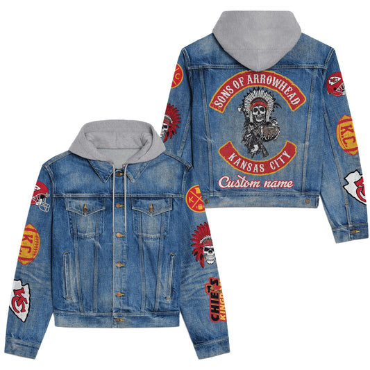 LIMITED EDITION - NEW PREMIUM NFL01 KCC KANSAS CITY CHIEFS HOODED DENIM JACKET