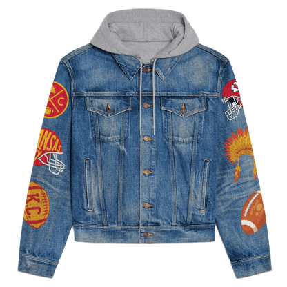 LIMITED EDITION - NEW PREMIUM NFL01 KCC KANSAS CITY CHIEFS HOODED DENIM JACKET