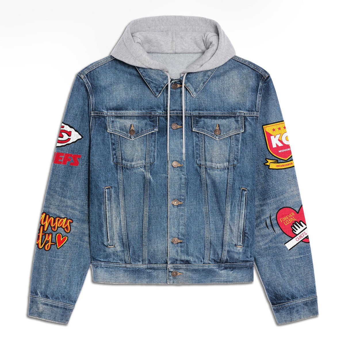 LIMITED EDITION - NEW PREMIUM NFL01 KCC KANSAS CITY CHIEFS HOODED DENIM JACKET
