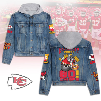 LIMITED EDITION - NEW PREMIUM NFL01 KCC KANSAS CITY CHIEFS HOODED DENIM JACKET