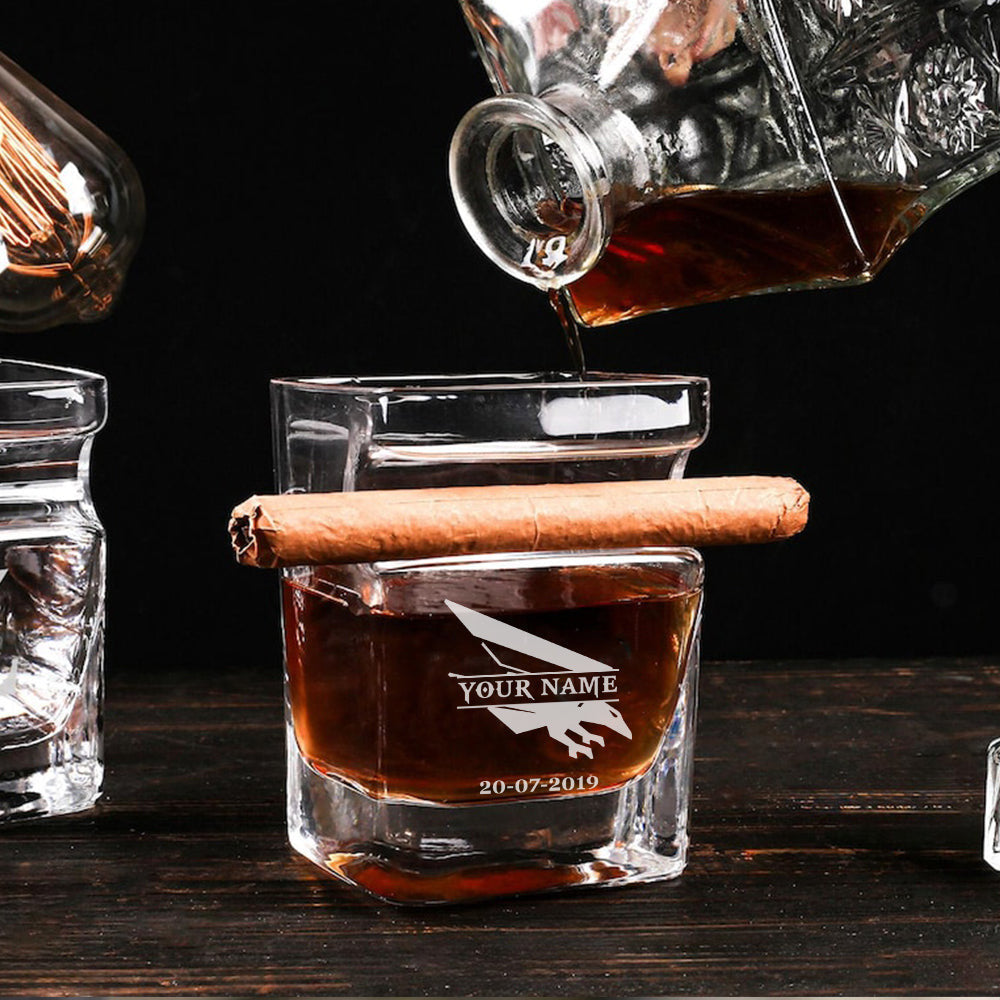 LIMITED EDITION - NEW 01 ALC PERSONALIZED WHISKEY GLASS WITH CIGAR HOLDER FOR FANS