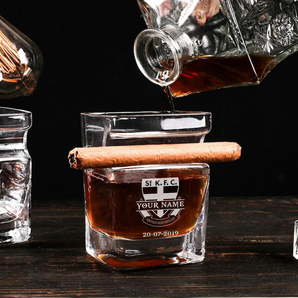 LIMITED EDITION - NEW 14 STKS PERSONALIZED WHISKEY GLASS WITH CIGAR HOLDER FOR FANS