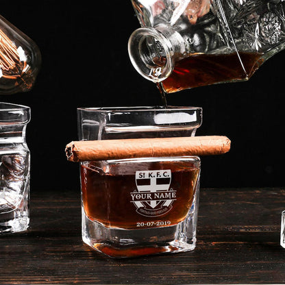 LIMITED EDITION - NEW 14 STKS PERSONALIZED WHISKEY GLASS WITH CIGAR HOLDER FOR FANS