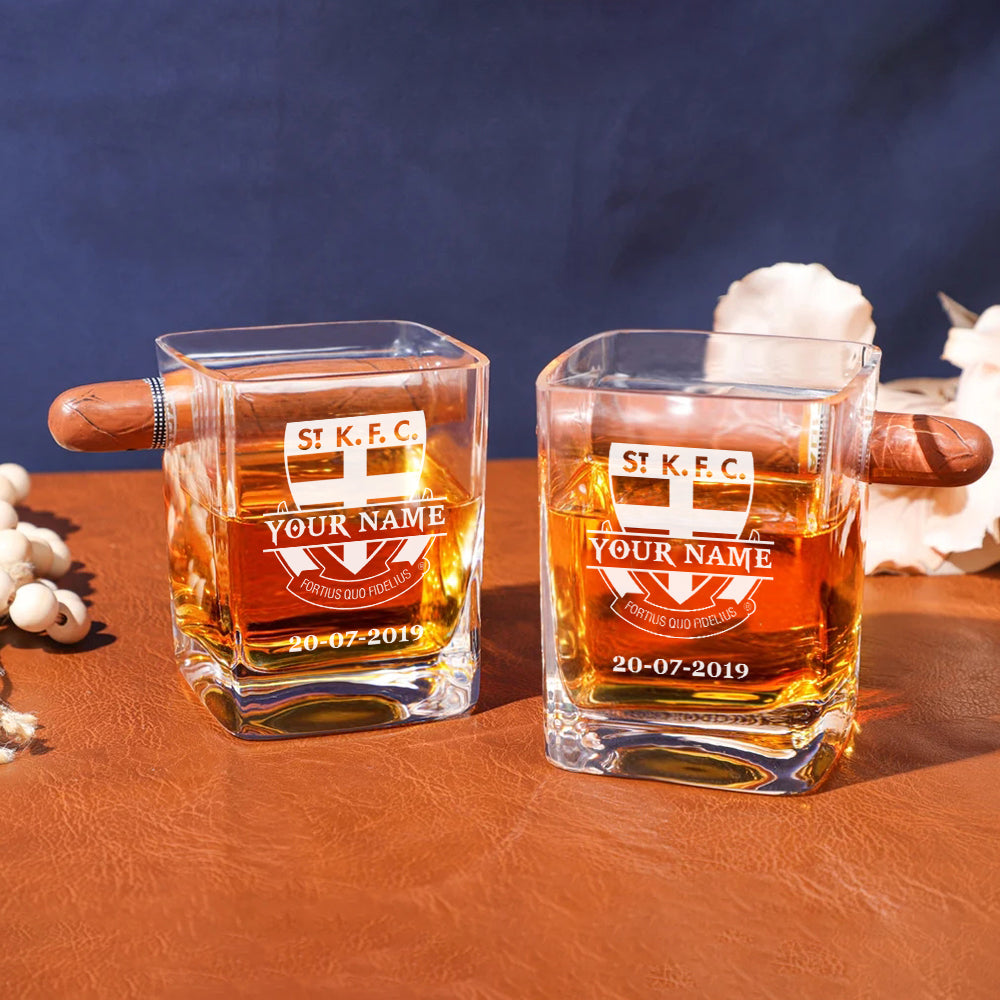 LIMITED EDITION - NEW 14 STKS PERSONALIZED WHISKEY GLASS WITH CIGAR HOLDER FOR FANS