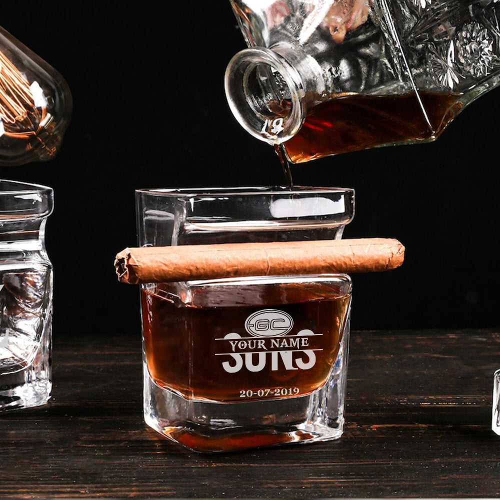 LIMITED EDITION - NEW 18 GCS PERSONALIZED WHISKEY GLASS WITH CIGAR HOLDER FOR FANS
