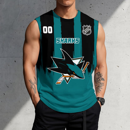 LIMITED EDITION - NEW CUSTOMIZED NHL32 SJS SAN JOSE SHARKS TANK TOP & GYM SHIRT