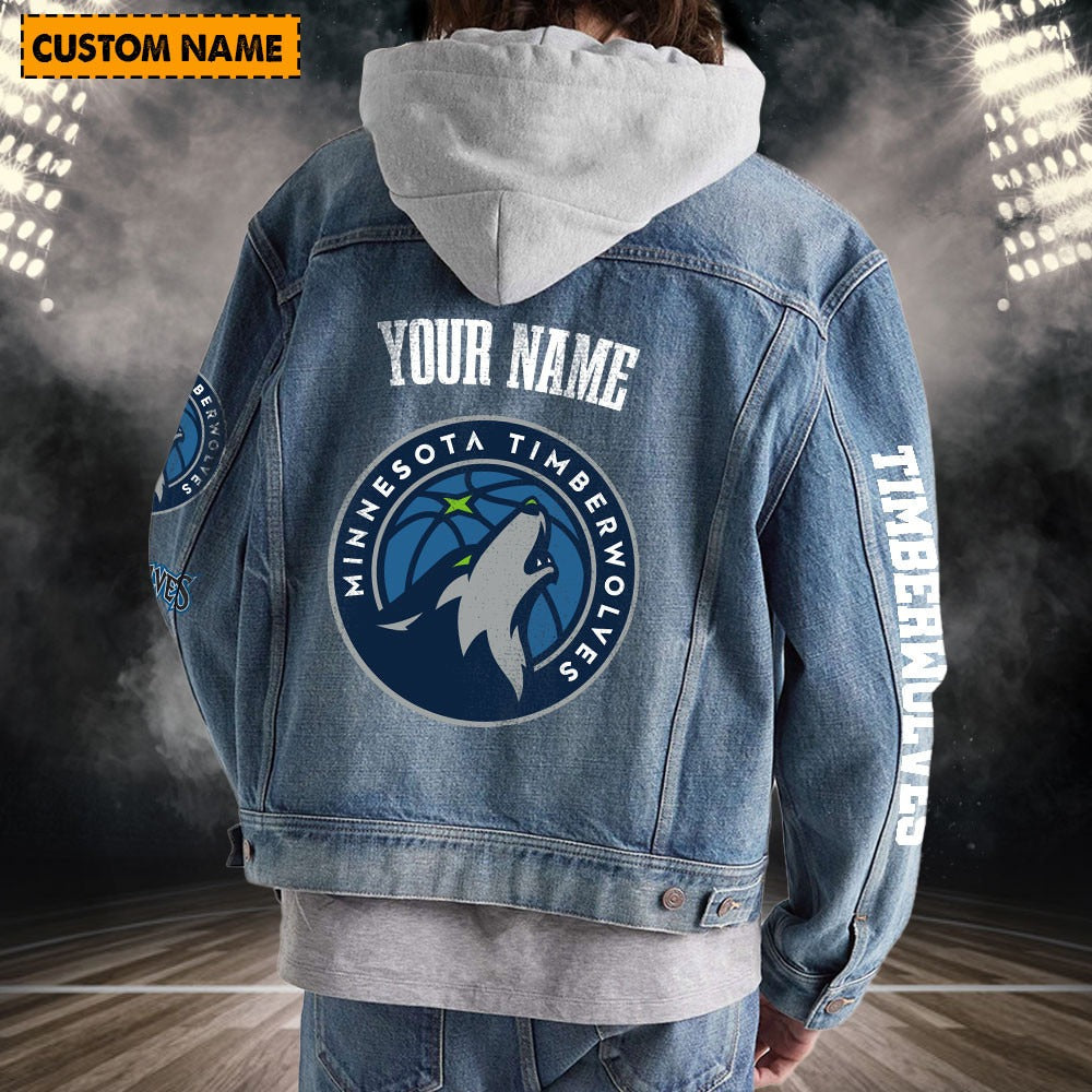 LIMITED EDITION - NEW CUSTOMIZED NBA05 MT MINNESOTA TIMBERWOLVES HOODED DENIM JACKET