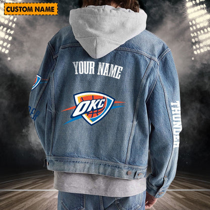 LIMITED EDITION - NEW CUSTOMIZED NBA01 OC OKLAHOMA CITY THUNDER HOODED DENIM JACKET